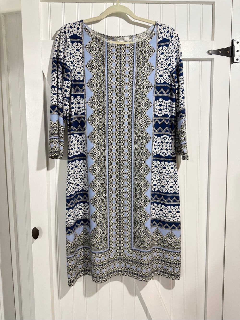 London Style Navy, Light Blue and White Printed Long Sleeve Shift Dress